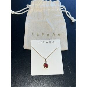 Leeada Gold Plated Red Oval Bezel Gemstone Pendant Necklace Pouch 18-20" Chain